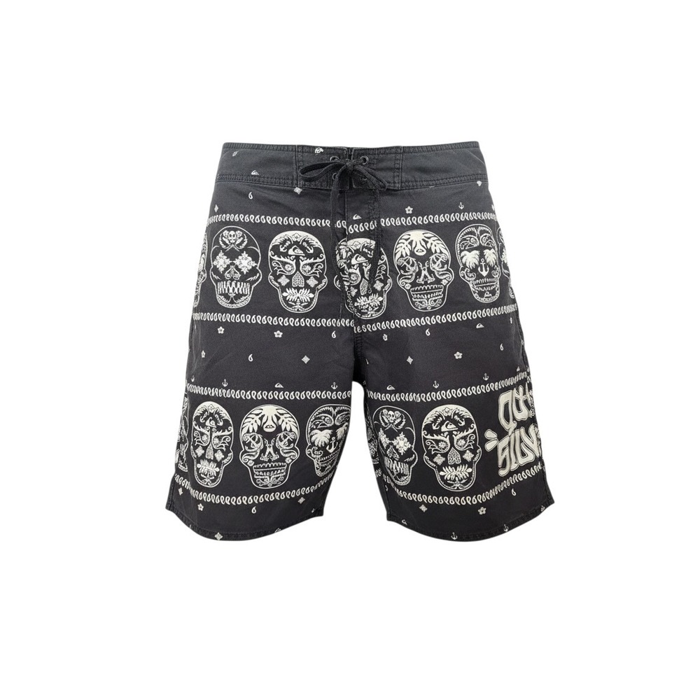 Quiksilver Board Shorts Mens 35 Black Sugar Skull Bandana Print Excellent Surf